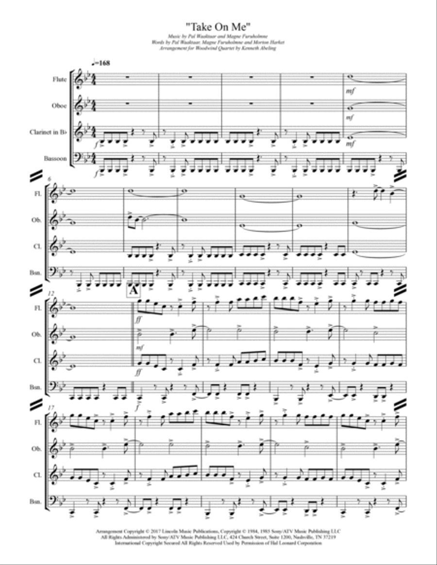 Take On Me Woodwind Quartet scores gallery preview page 2