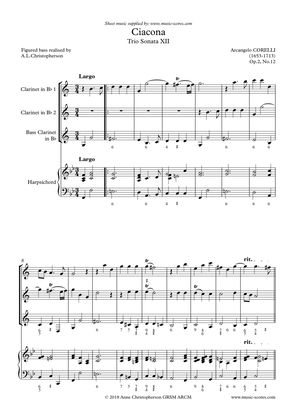 Corelli 'Ciacona' - Op.2, No.12 - 2 Clarinets, Bass Clarinet and Piano.