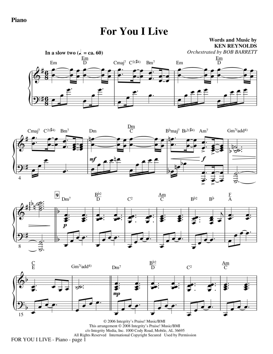 For You I Live - Violin 1 Choir scores gallery preview page 1