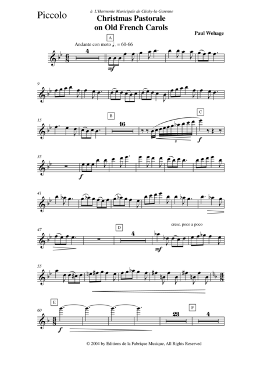 Paul Wehage: Christmas Pastorale on Old French Carols for concert band, piccolo part Concert Band scores gallery preview page 2