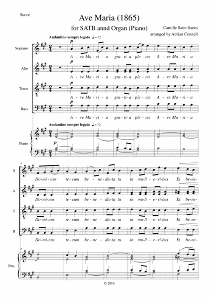Saint-Saens Ave Maria arranged for SATB choir and piano (or organ)