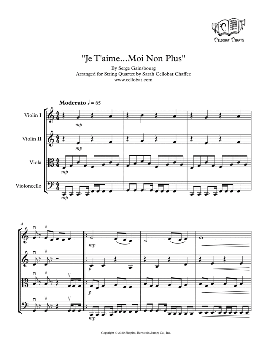 Je T'aime Moi Non Plus by Serge Gainsbourg String Quartet - Digital Sheet Music