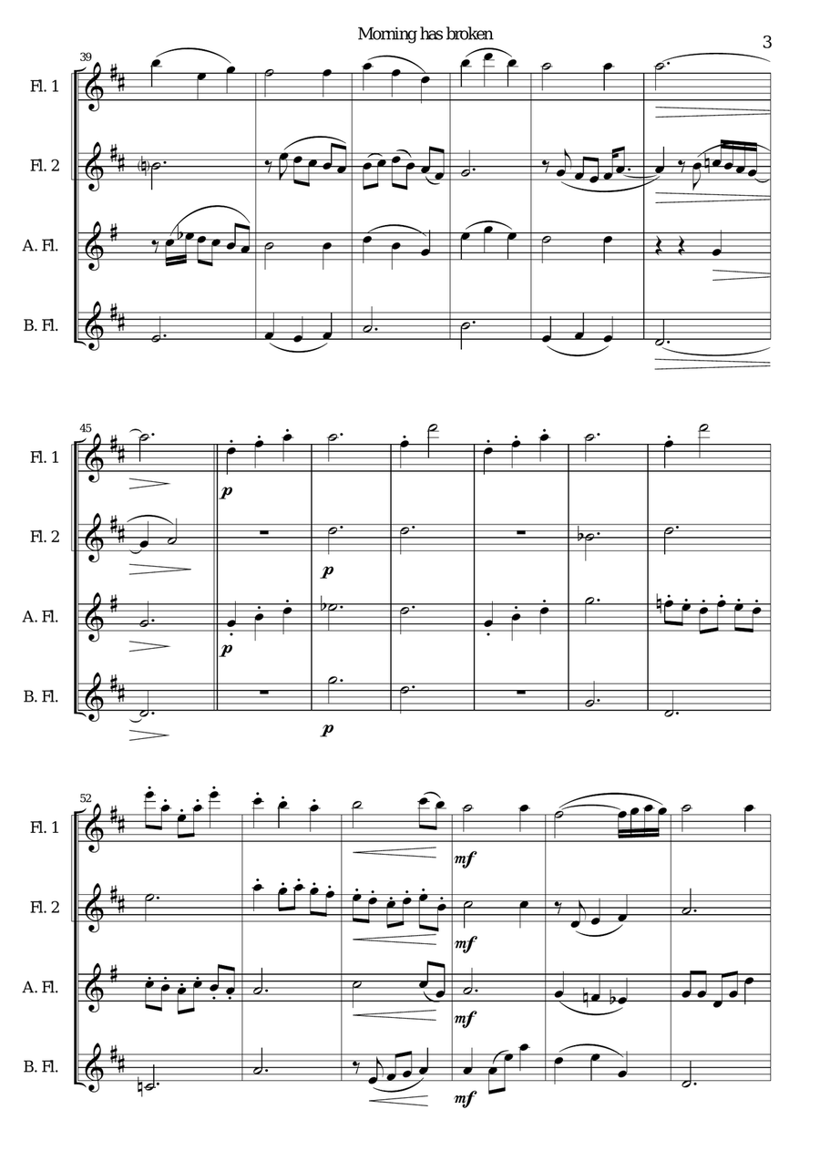 Variations on Morning has broken (Bunessan) for flute quartet Flute Quartet scores gallery preview page 3