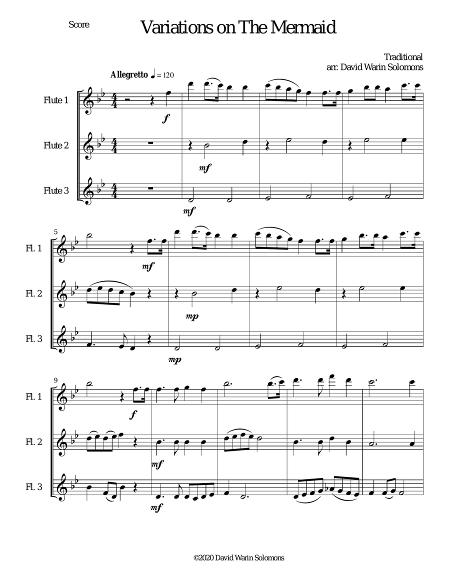 Variations on The Mermaid for flute trio (3 C flutes)