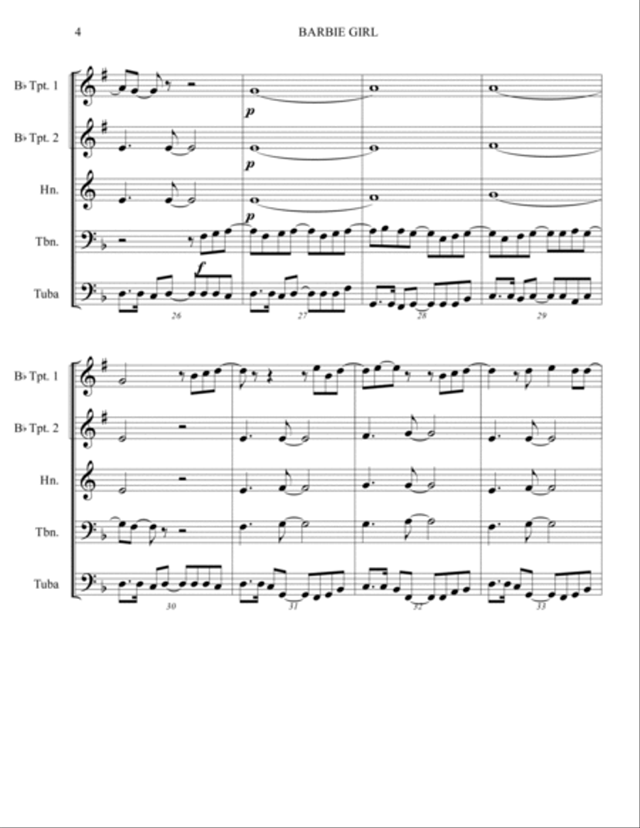 Barbie Girl Brass Quintet scores gallery preview page 4