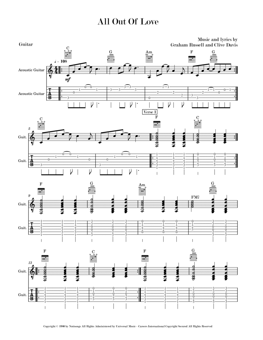 All Out Of Love Guitar Tablature scores gallery preview page 1
