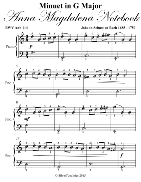 Minuet In G Major Anna Magdalena Notebook Easiest Piano Sheet Music