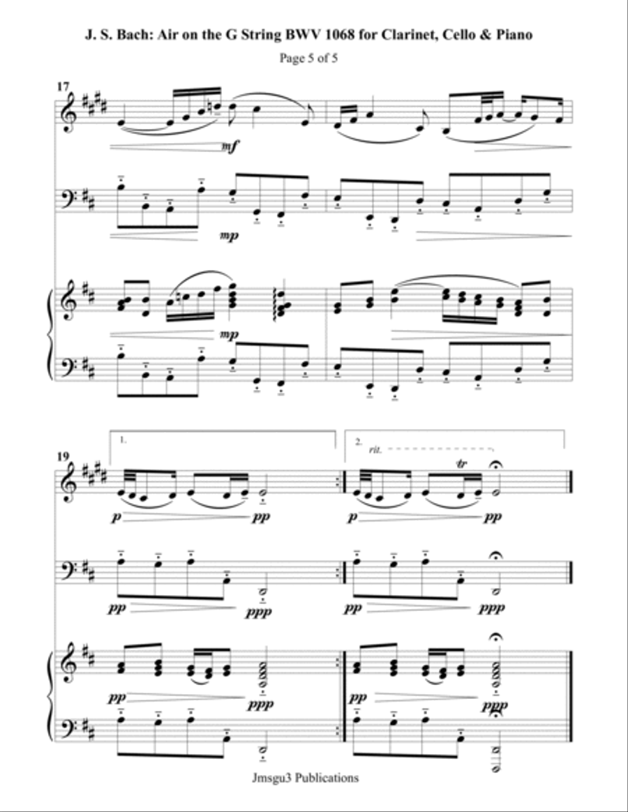 Bach: Air on a G String for Clarinet, Cello & Piano Clarinet scores gallery preview page 5