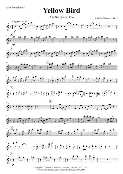 Yellow Bird - Haitian Folk Song - Calypso - Alto Saxophone Trio image number null