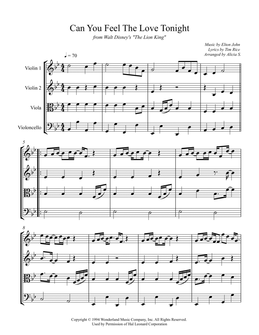 Can You Feel The Love Tonight String Quartet scores gallery preview page 1
