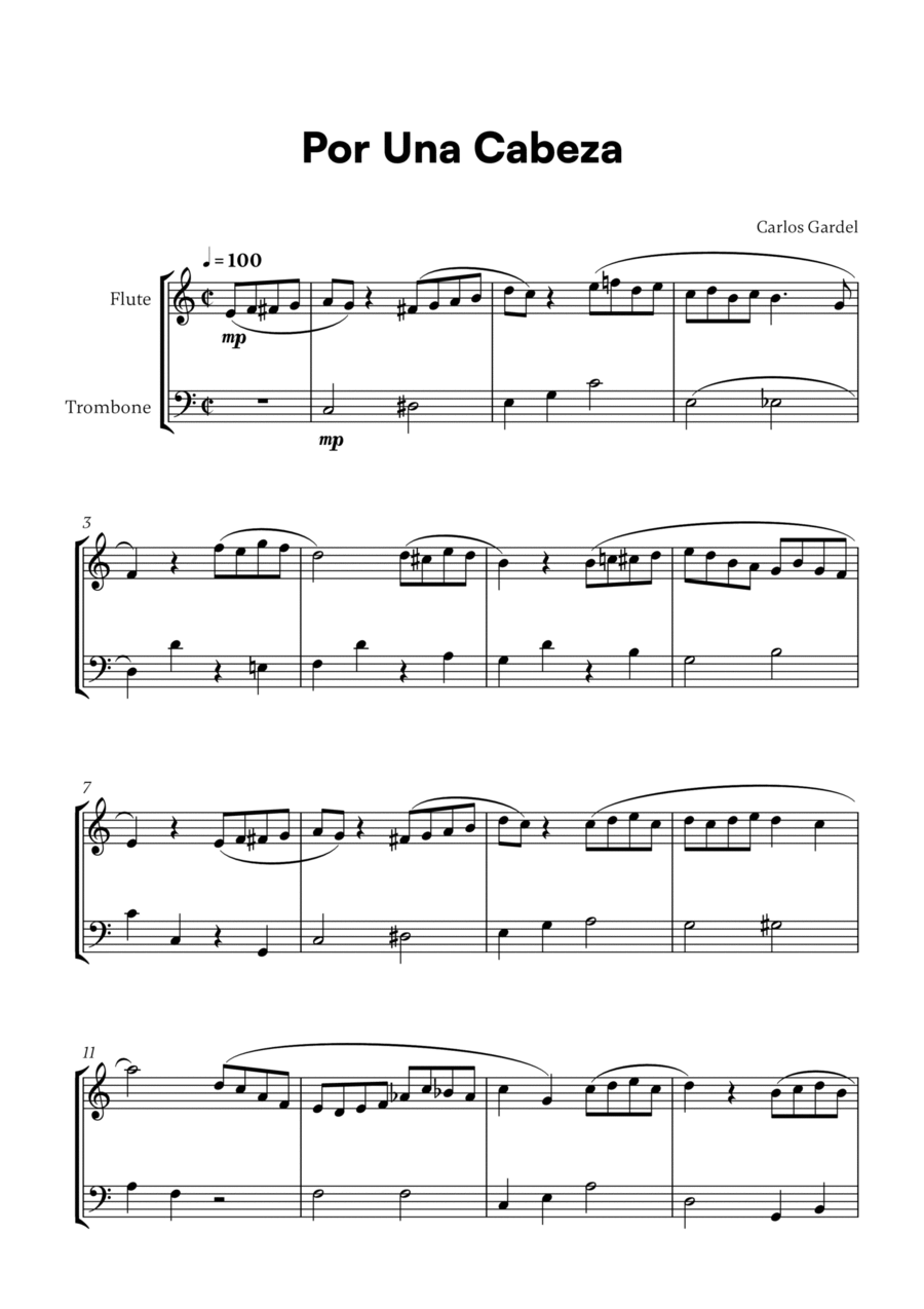 Carlos Gardel - Por Una Cabeza for Flute and Trombone Flute scores gallery preview page 1
