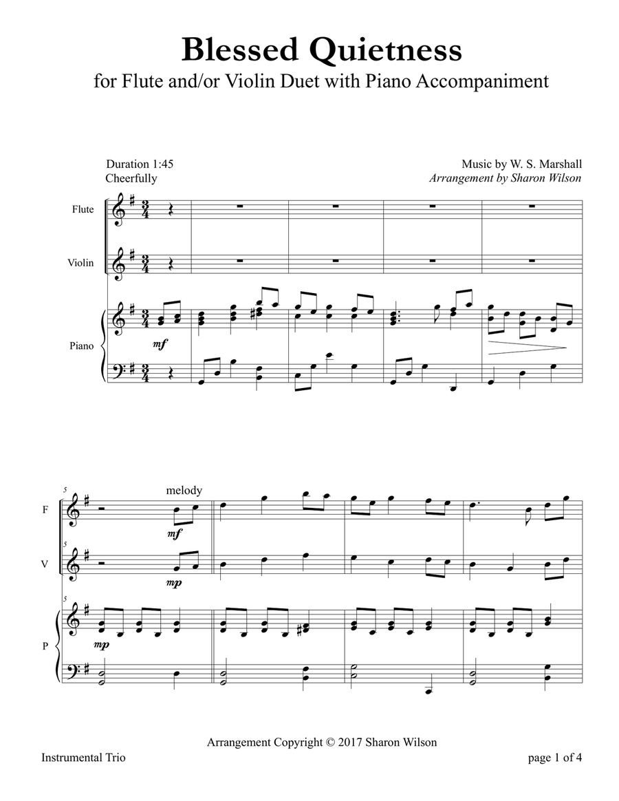 Blessed Quietness (for Flute and/or Violin Duet with Piano accompaniment) Flute scores gallery preview page 5