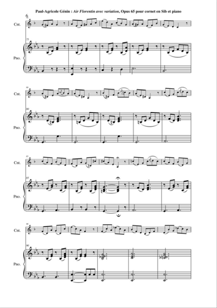 Paul-Agricole GÉNIN: Air Florentin avec Variation Opus 65 for Bb cornet and piano