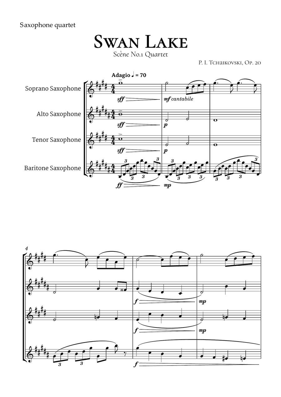 Swan Lake Tchaikovsky Saxophone Quartet Saxophone Quartet scores gallery preview page 2