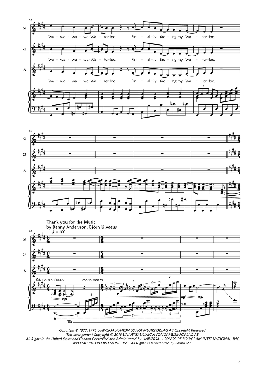 Medley: Waterloo with Thank You For The Music, Chiquitita, and Money, Money, Money SSA scores gallery preview page 6