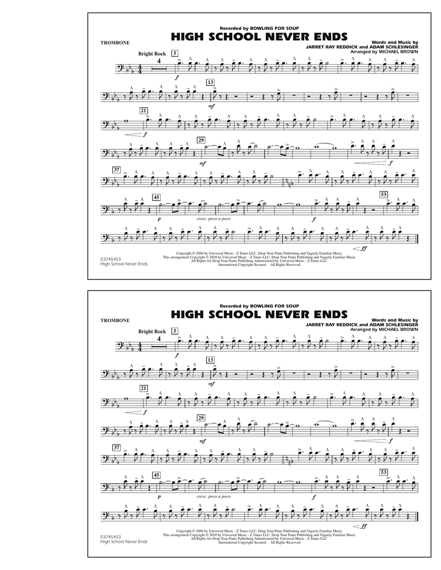 High School Never Ends - Trombone Marching Band scores gallery preview page 1