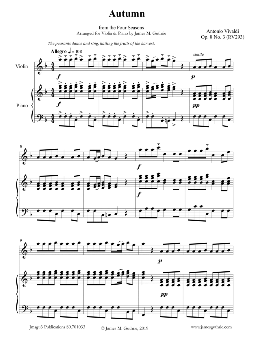 Vivaldi: Autumn from the Four Seasons for Violin & Piano Violin Solo scores gallery preview page 1