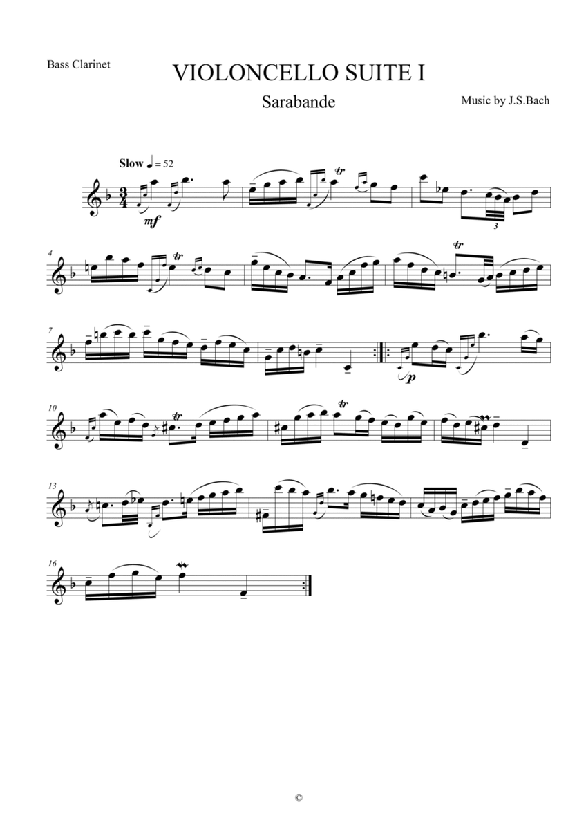 Sarabande from Violoncello Suite I by J.S.Bach for Bass Clarinet image number null