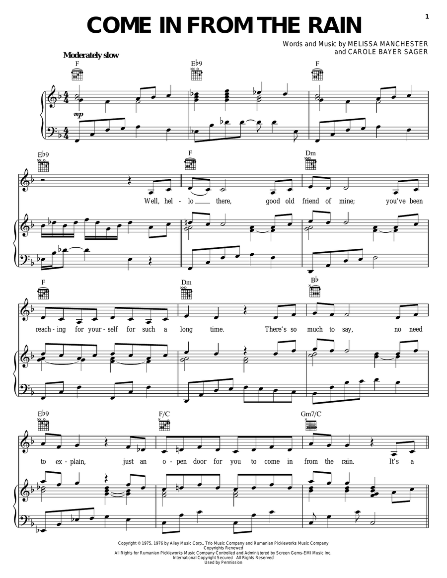 Come In From The Rain Piano, Vocal, Guitar scores gallery preview page 1