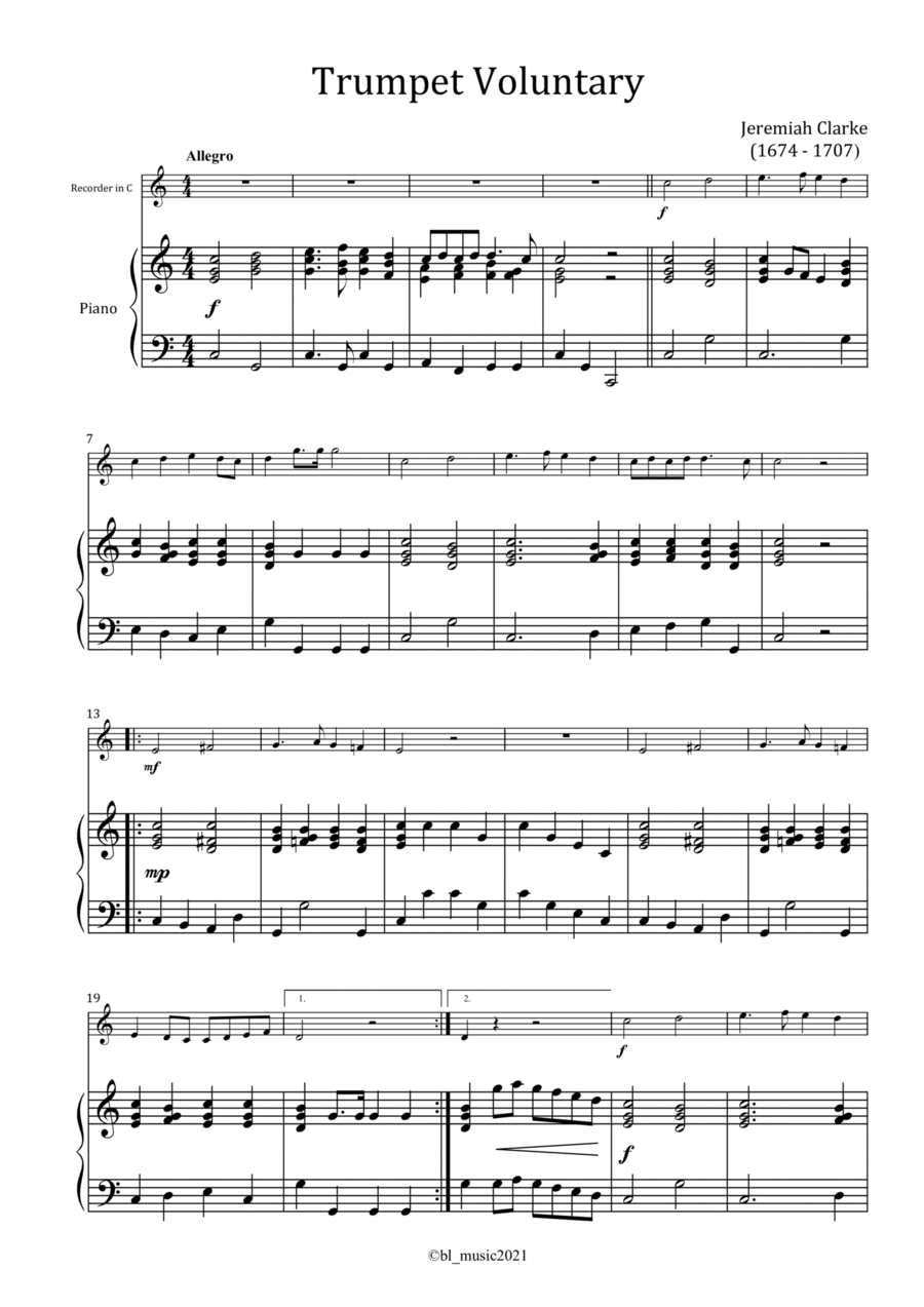 Trumpet Voluntary for Recorder in C with Piano Acc and Midi Playback Large Ensemble scores gallery preview page 1
