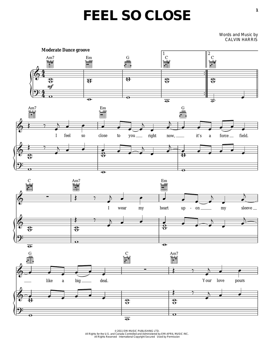 Feel So Close Feel So Close Piano, Vocal, Guitar scores gallery preview page 1