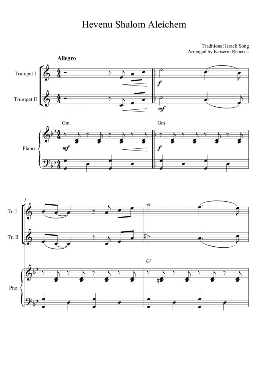 Hevenu Shalom Aleichem Trumpet Duet scores gallery preview page 1