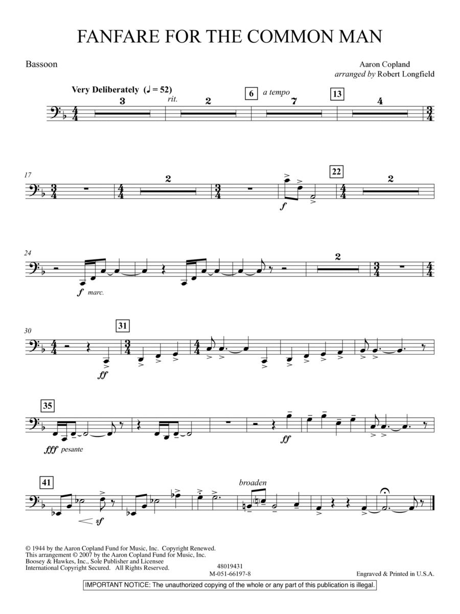 Fanfare For The Common Man (arr. Robert Longfield) - Bassoon Concert Band scores gallery preview page 1