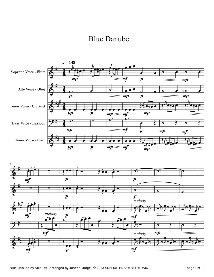 Blue Danube by Strauss for Woodwind Quartet in Schools image number null
