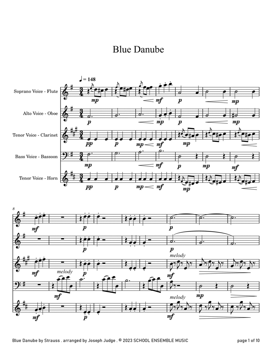 Blue Danube by Strauss for Woodwind Quartet in Schools Woodwind Quartet scores gallery preview page 1