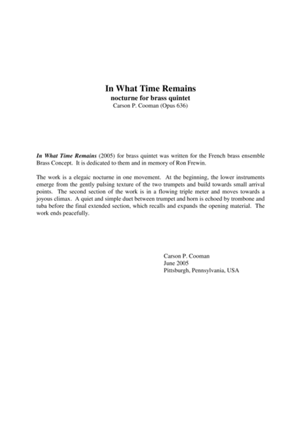 Carson Cooman: In What Time Remains (2005) nocturne for brass quintet