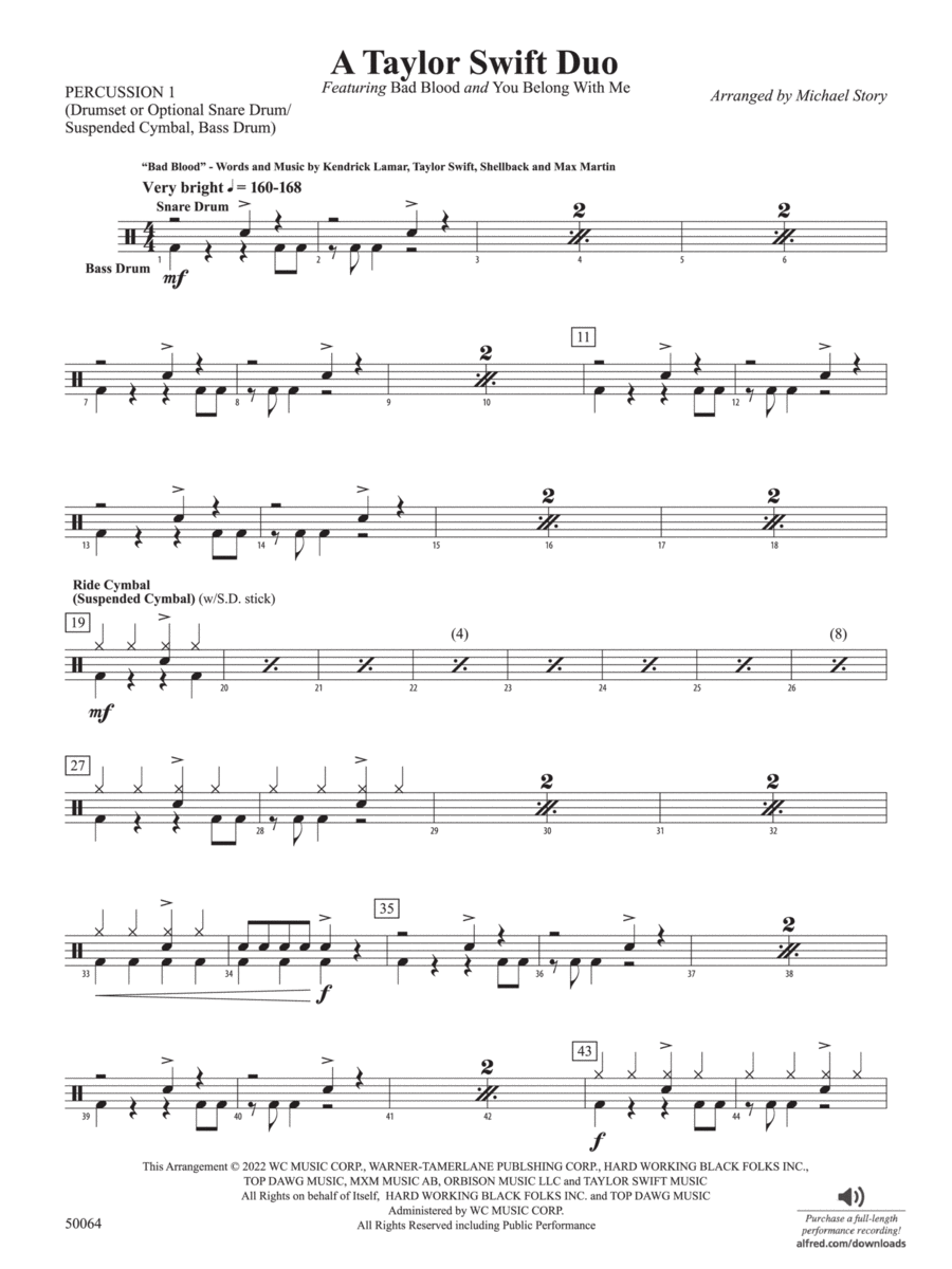 A Taylor Swift Duo: 1st Percussion Concert Band scores gallery preview page 1