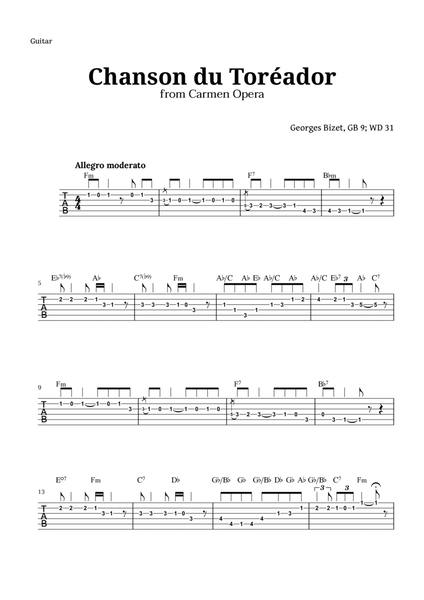 Chanson du Toreador by Bizet for Guitar TAB image number null