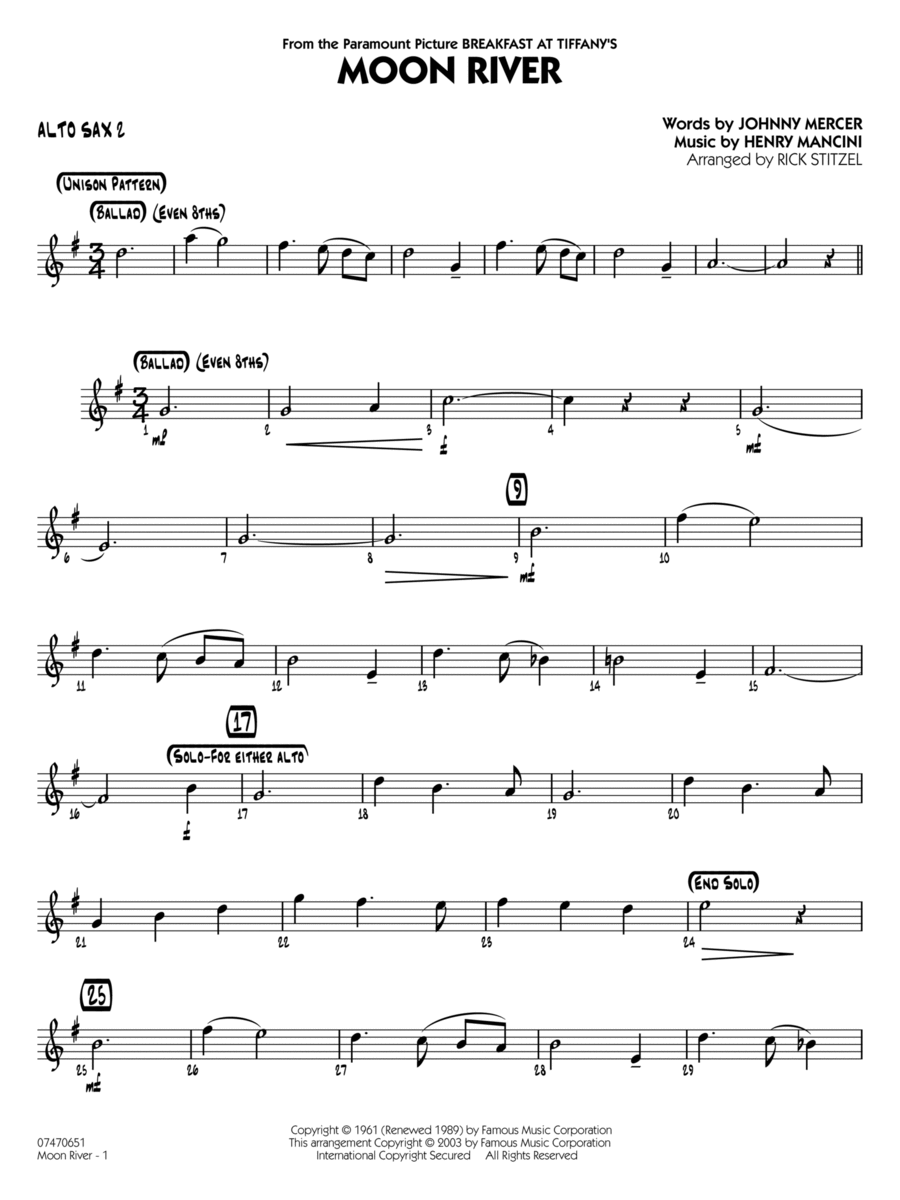 Moon River (arr. Rick Stitzel) - Alto Sax 2 Jazz Ensemble scores gallery preview page 1
