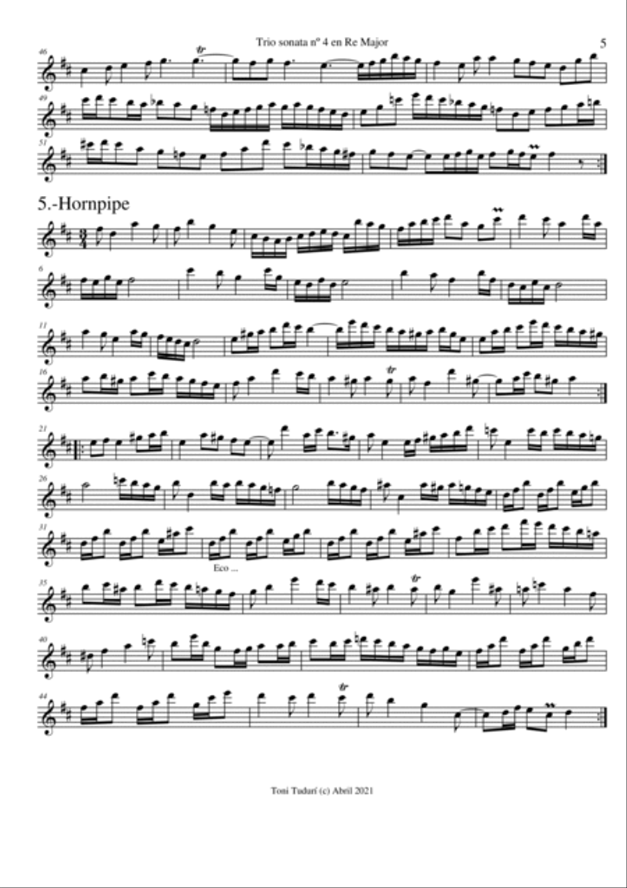 Trio sonata nº4 in D Major for flute, violin & cello or 2 violins & cello and basso continuo (PARTS image number null