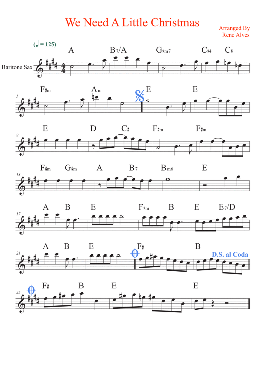 We Need A Little Christmas , baritone sax sheet music and melody for the beginning musician (easy). image number null