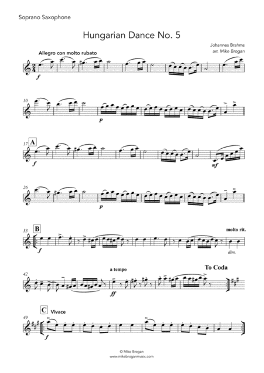 Hungarian Dance No. 5, Brahms - SATB saxophone quartet image number null