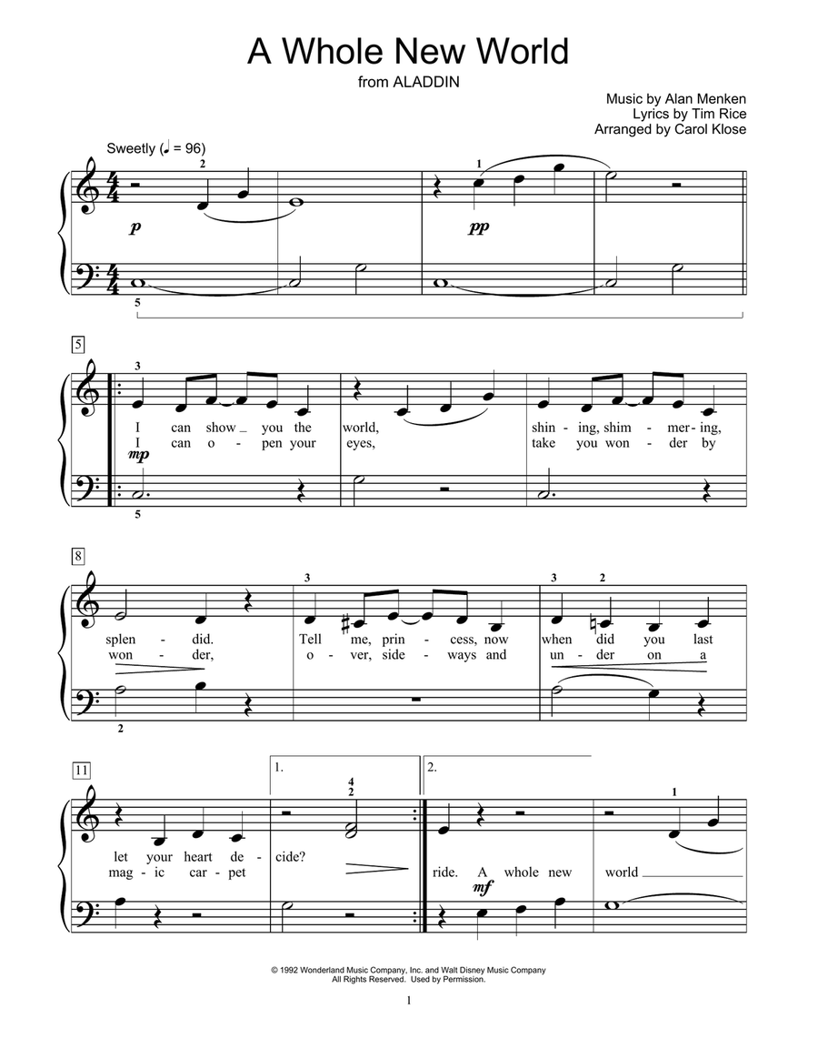 A Whole New World (from Aladdin) (arr. Carol Klose) Piano Method scores gallery preview page 1