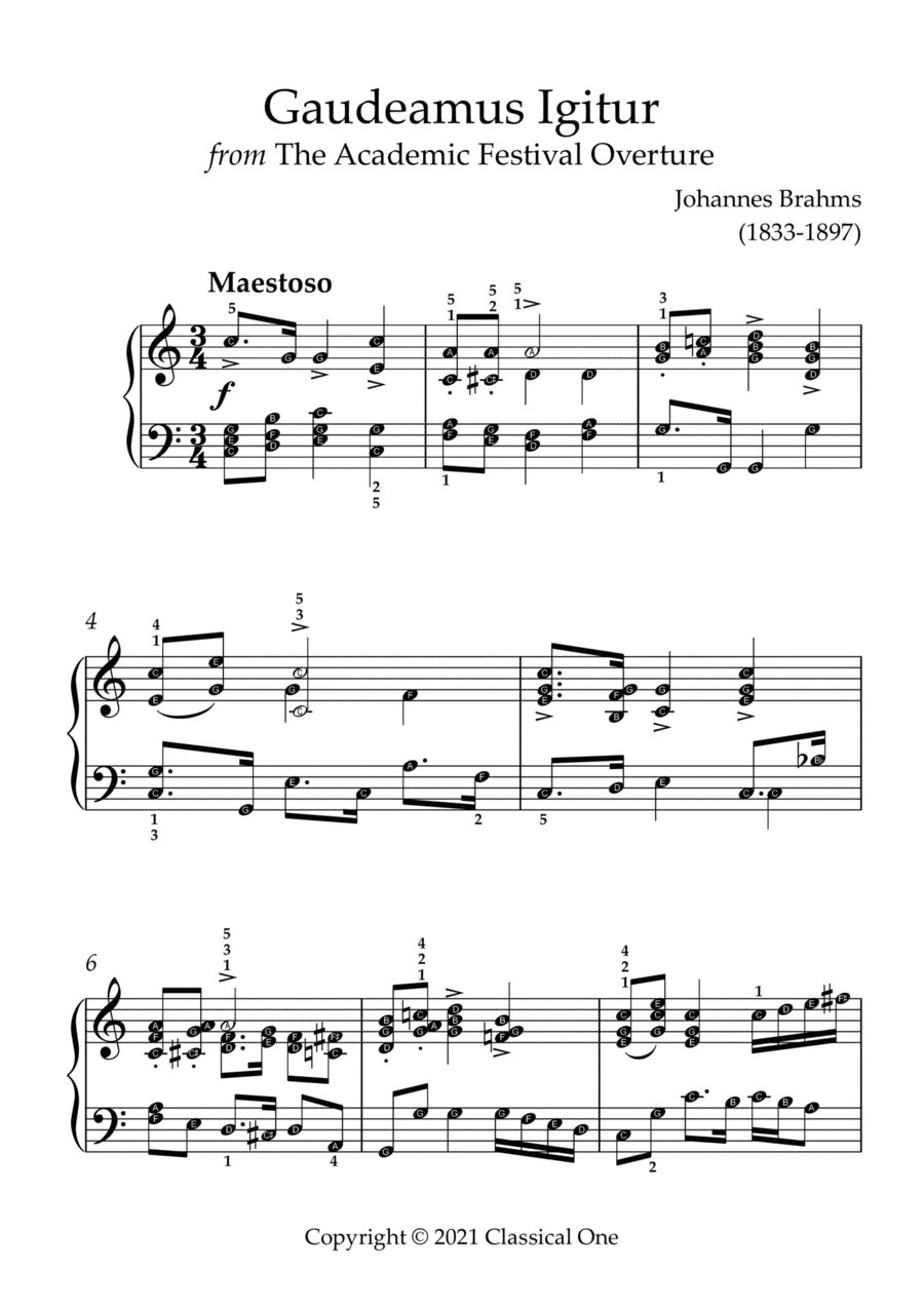 Brahms - Gaudeamus Igitur(With Note name) Easy Piano scores gallery preview page 1