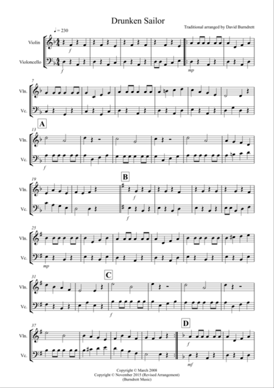 Drunken Sailor for Violin and Cello String Duet scores gallery preview page 1