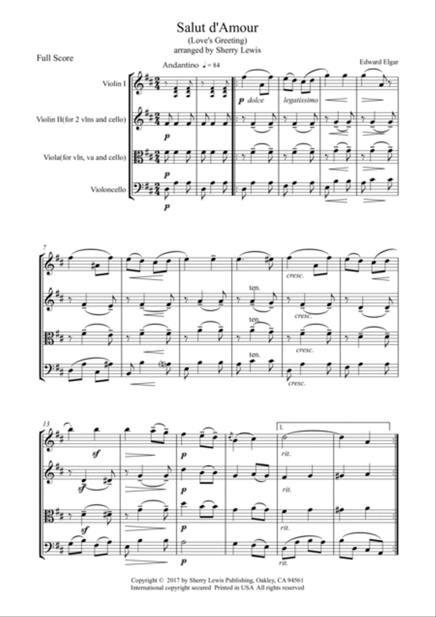 SALUT D'AMOUR String Trio, Intermediate Level for 2 violins and cello or violin, viola and cello Cello scores gallery preview page 4