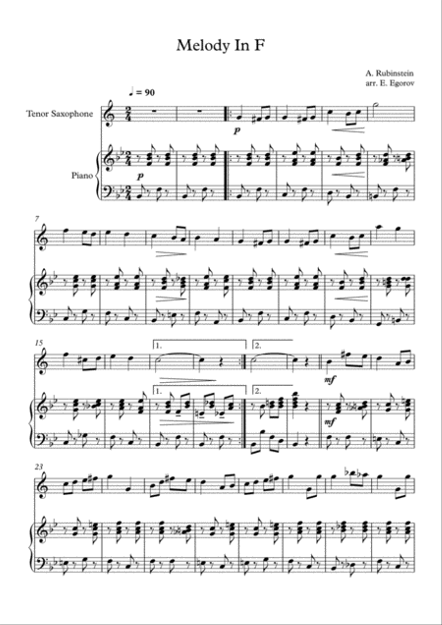 Melody In F, Anton Rubinstein, For Tenor Saxophone & Piano Melody In F, Anton Rubinstein, For Tenor Saxophone & Piano Tenor Saxophone scores gallery preview page 1