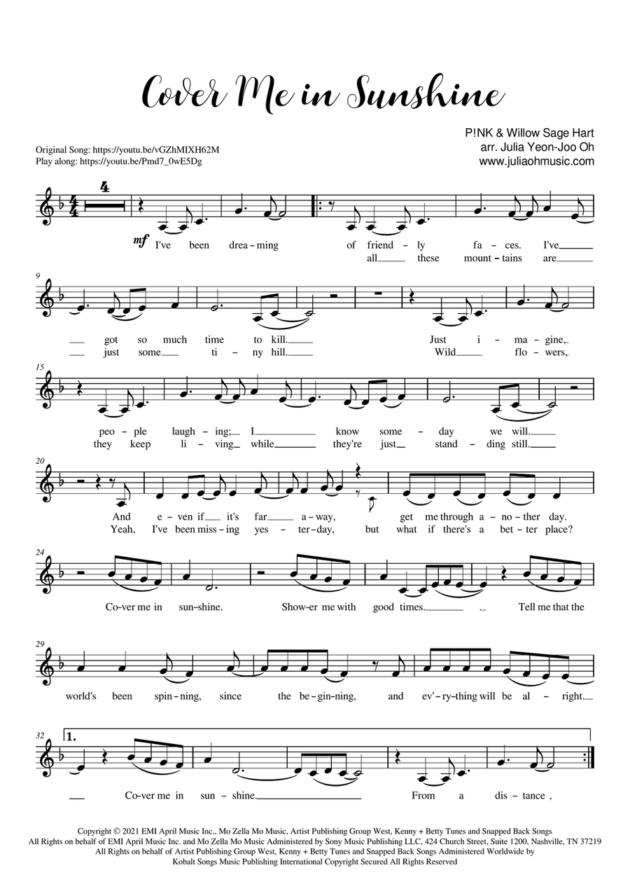 Cover Me In Sunshine Cover Me In Sunshine Violin Solo scores gallery preview page 1