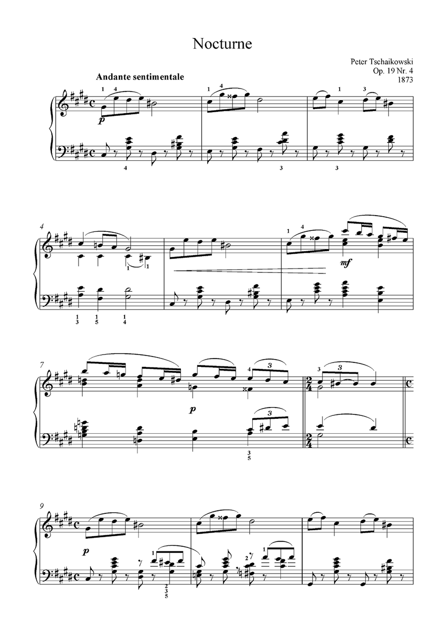 Tchaikovsky - Nocturne, Op.19 No.4 for piano solo Piano Solo scores gallery preview page 1