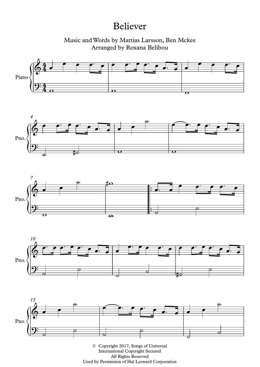 Believer Easy Piano scores gallery preview page 1