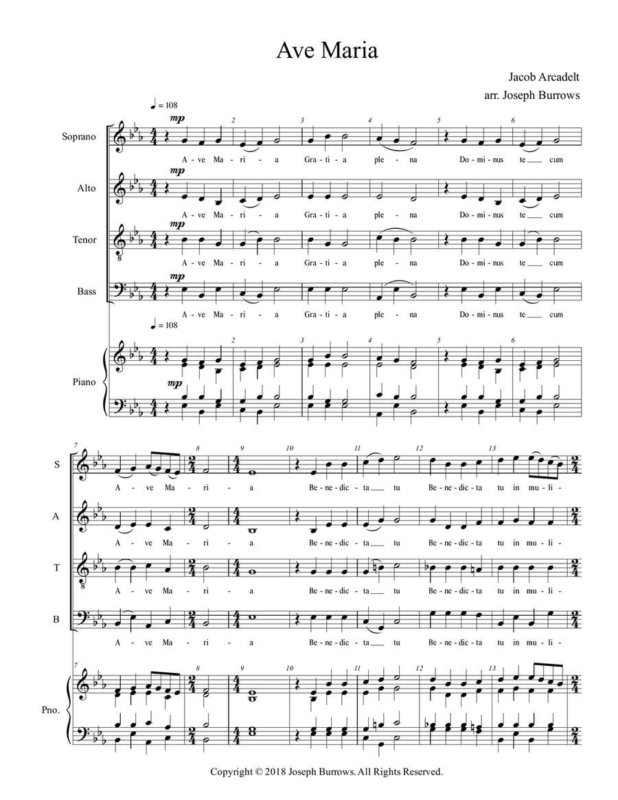 Ave Maria by Jacob Arcadelt - SATB and Piano 4-Part scores gallery preview page 1