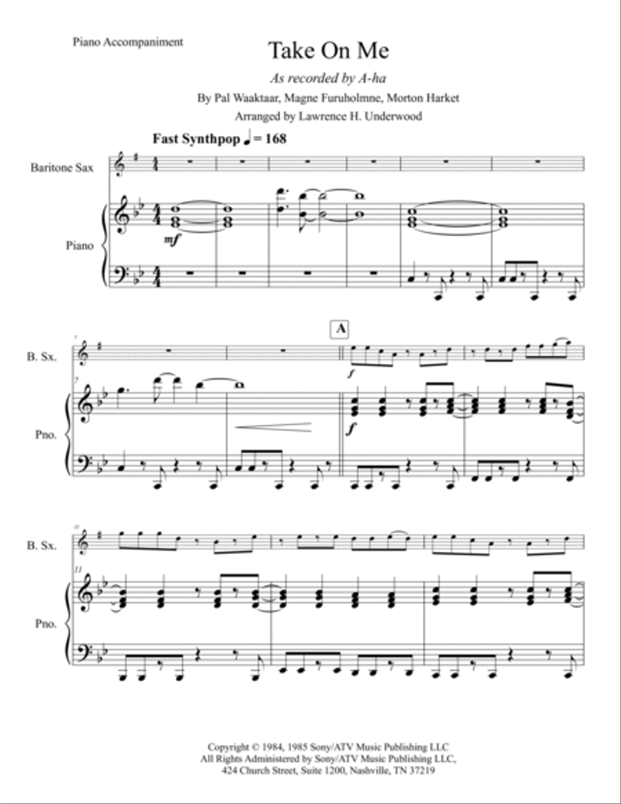 Take On Me Baritone Saxophone scores gallery preview page 2