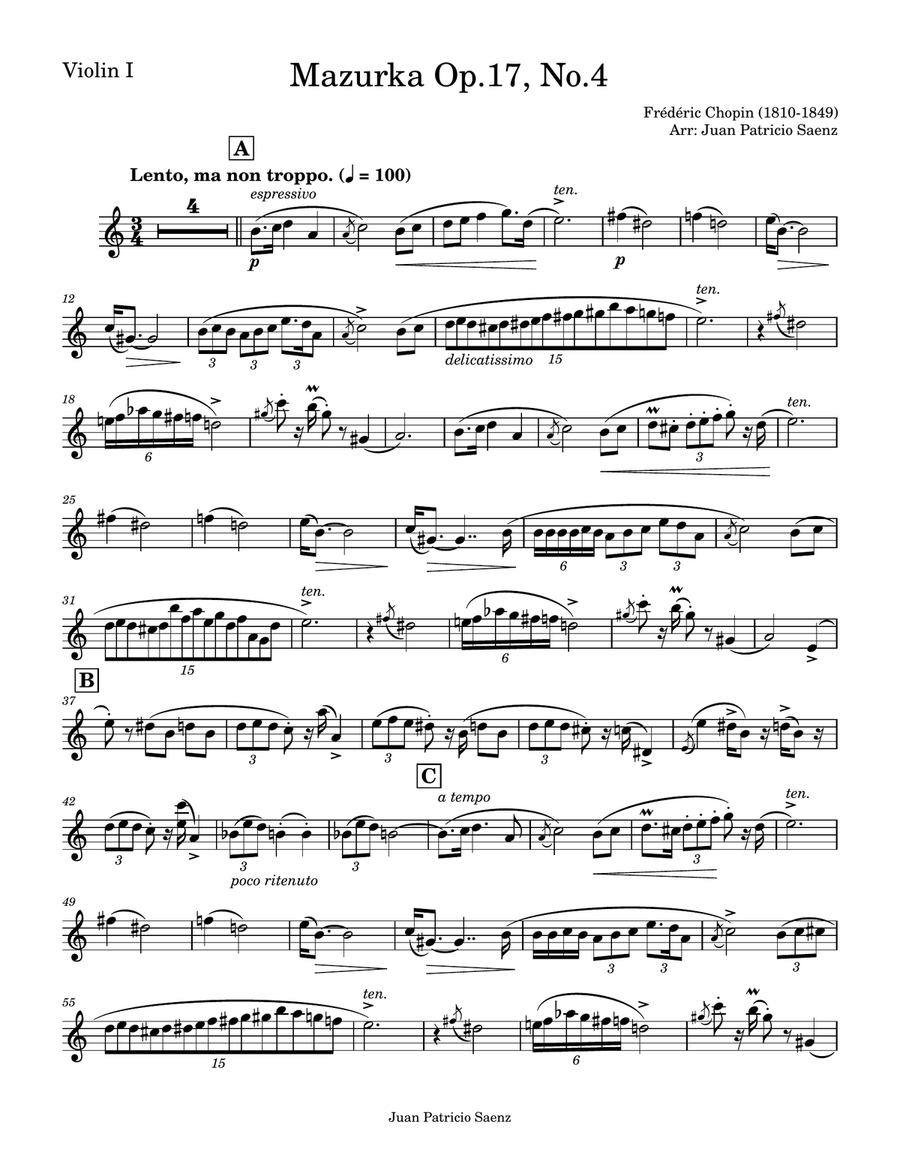 Chopin - Mazurka Op.17 No.4 - String quartet arrangement String Quartet scores gallery preview page 6