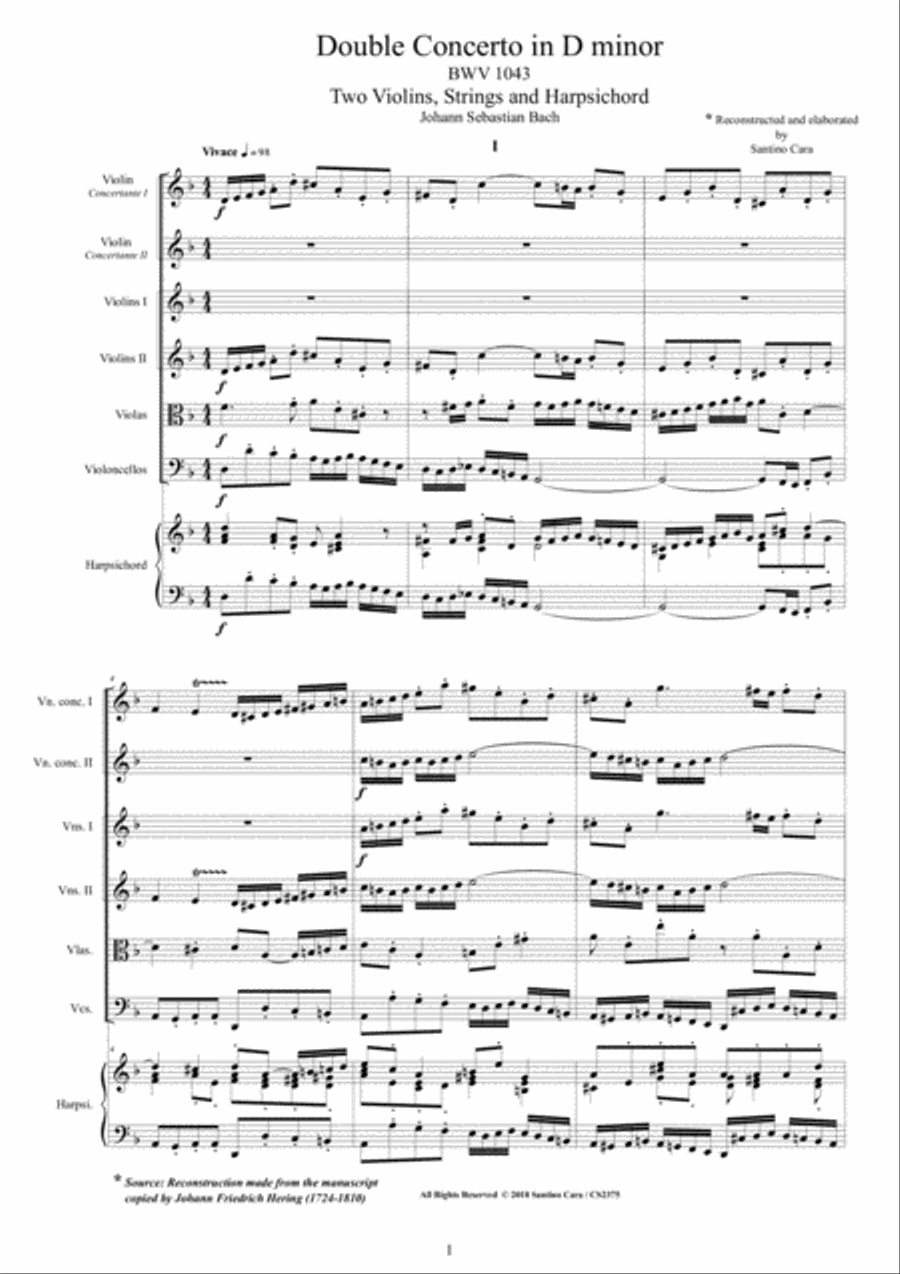 Bach - Double Concerto in D minor BWV1043 for Two Violins, Strings and Harpsichord Chamber Orchestra scores gallery preview page 1