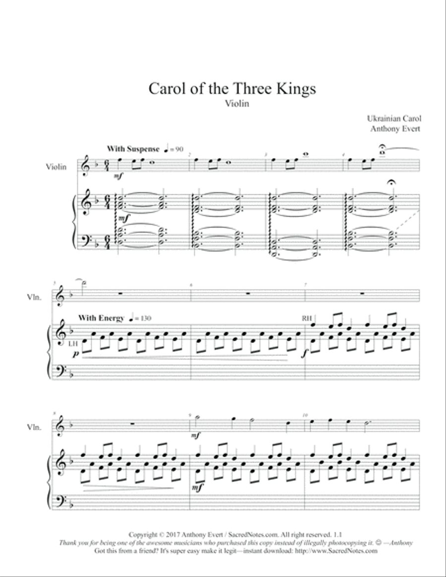 Carol of the Three Kings-Violin & Piano (We Three Kings with Carol of the Bells) Violin Solo scores gallery preview page 2