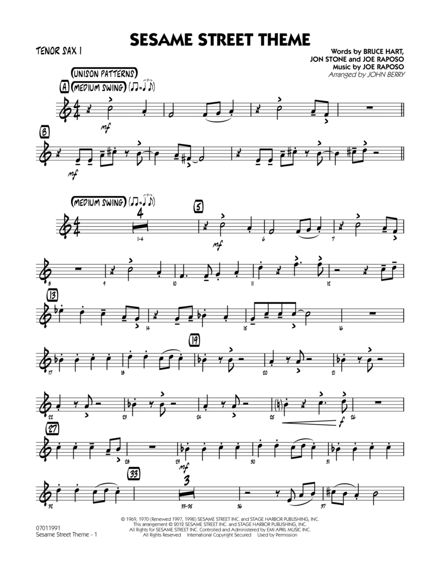 Sesame Street Theme - Tenor Sax 1 Jazz Ensemble scores gallery preview page 1